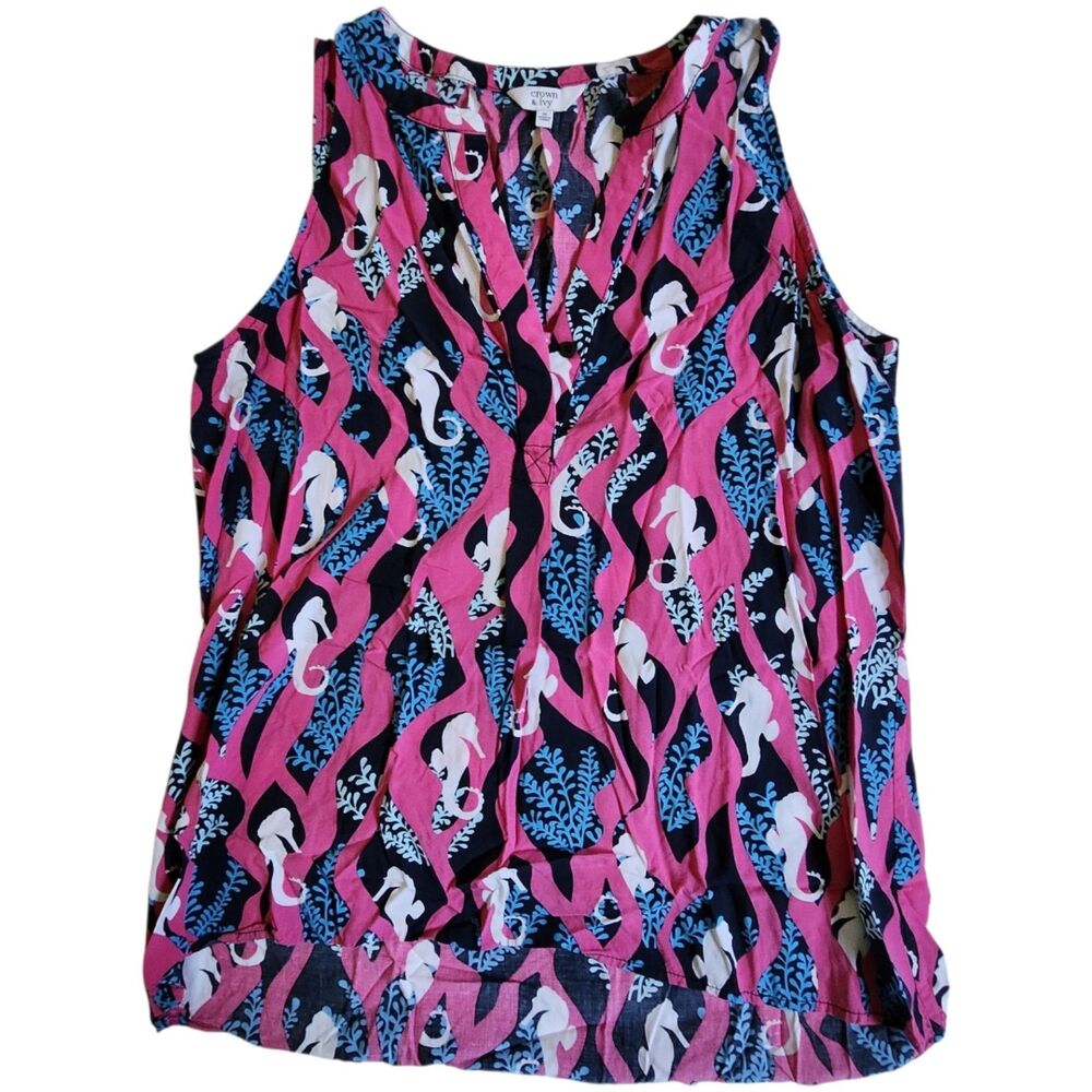 Crown & Ivy Pink Black Blue Coastal Seahorse Print Split V Neck Top Sz M